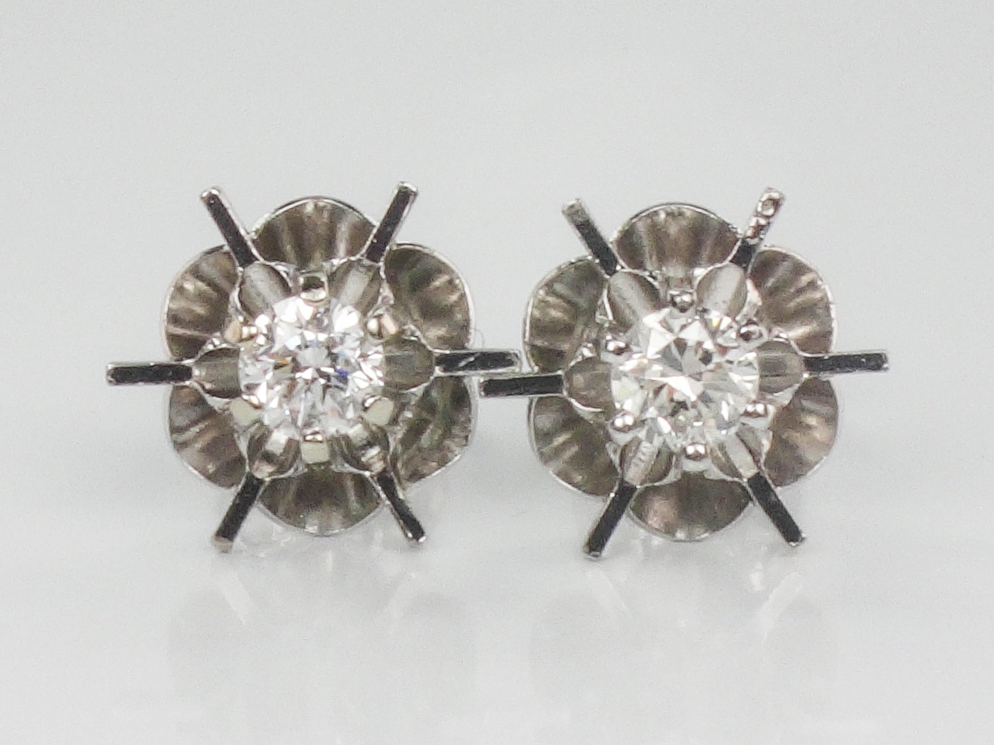 Vintage 14k White Gold Natural Diamond Stud Buttercup Earrings, Round Brilliant Bridal Earrings