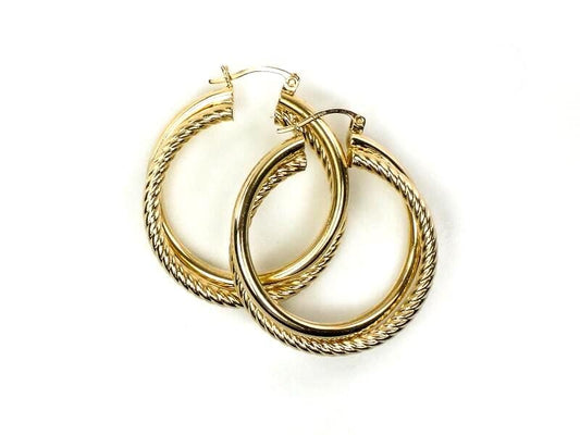 Vintage Large 14k Yellow Gold Fancy Twist Double Hoop Earrings 1.25&quot; Round Hoop Earrings
