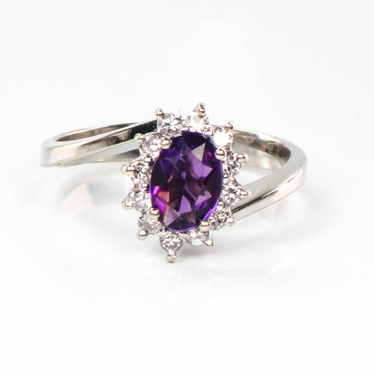 Vintage 14k White Gold Natural Amethyst and Diamond Halo Ring, Purple February Birthstone Ring, Size 7