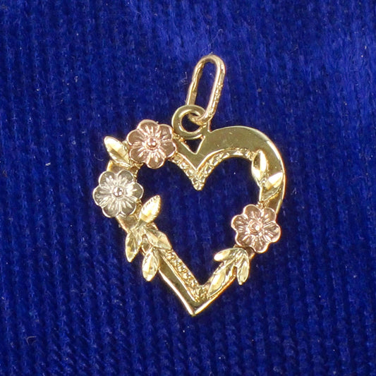 Vintage 14k Tri-Color Gold Open Heart Pendant, Floral Heart Pendant, Heart Charm