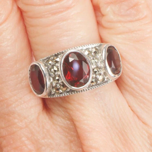 Vintage Sterling Silver Garnet Marcasite Ring, Wide Three Garnet Band Size 5.5