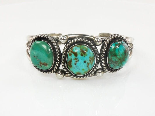 Vintage Sterling Silver Navajo Turquoise Three Stone Cuff Bracelet Native American Artist Signed
