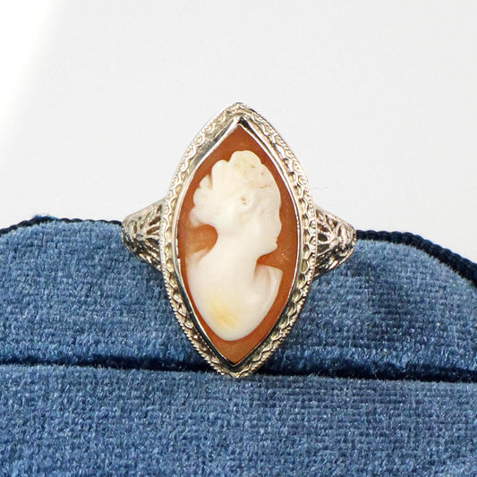 Vintage Art Deco 14k White Gold Cameo Ring, Filigree Marquise Shaped Shell Cameo Ring Size 5