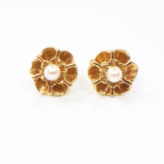 Vintage Yellow Gold Pearl Stud Earrings, 14k Gold Pearl Flower Earrings, Bridal Earrings