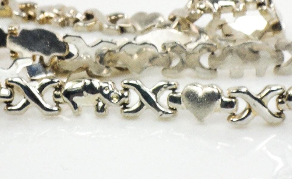 Vintage Sterling Silver Elephant Hearts XO Necklace: Good Luck, 17"