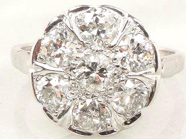 Art Deco Diamond Cluster Ring: 14k White Gold, Old European Cut, 1.75 Carat