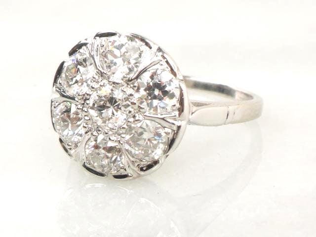 Art Deco Diamond Cluster Ring: 14k White Gold, Old European Cut, 1.75 Carat