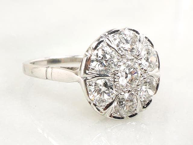Art Deco Diamond Cluster Ring: 14k White Gold, Old European Cut, 1.75 Carat