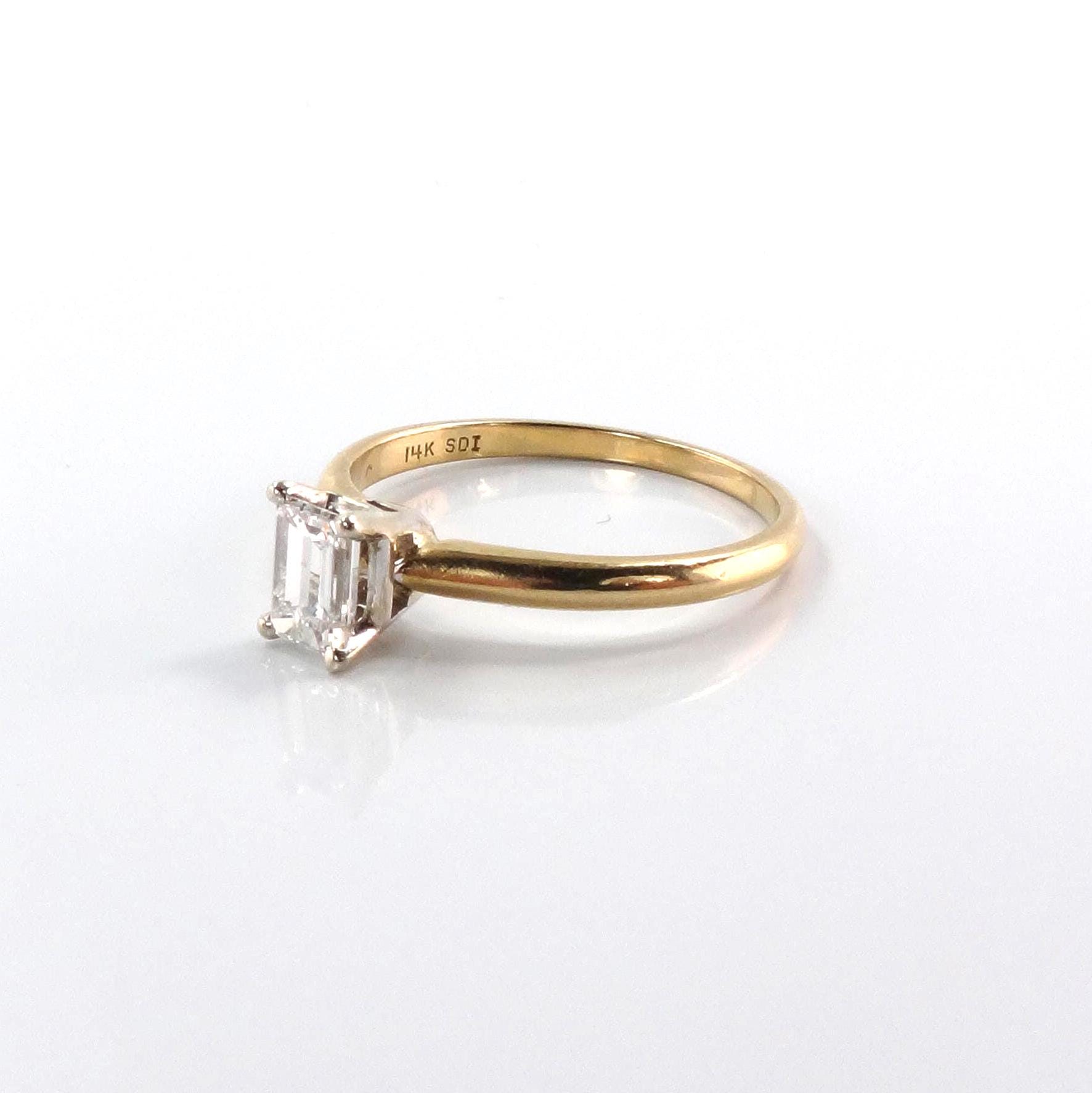 Emerald Cut Engagement Ring - Vintage Natural Diamond .55 Carats - 14k Yellow Gold Solitaire Genuine Gemstone - Fine Jewelry Size 6.75