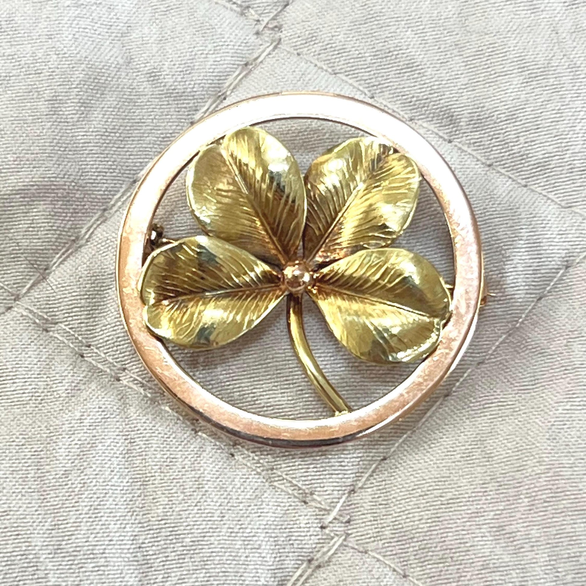 Vintage Four Leaf Clover Brooch - Solid 14k Yellow Gold Good Luck Pin - Circa 1950's