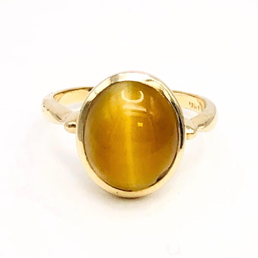 14k Yellow Gold Tiger Eye Ring - Vintage Natural Oval Shaped Gold Gemstone - Size 6 - Fine Jewelry