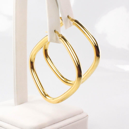 Large Gold Hoop Earrings - Vintage Italian 18k Yellow Hoops with Rounded Square Shape 1.25" 3.8 MM