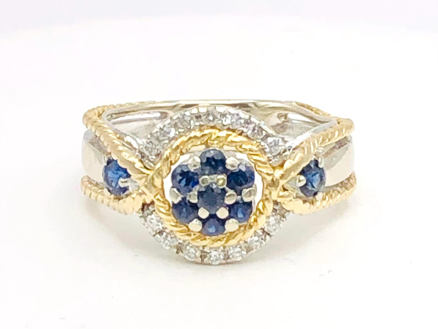 Vintage 18k Two-Tone Gold Sapphire Diamond Ring: September Birthstone, Size 7