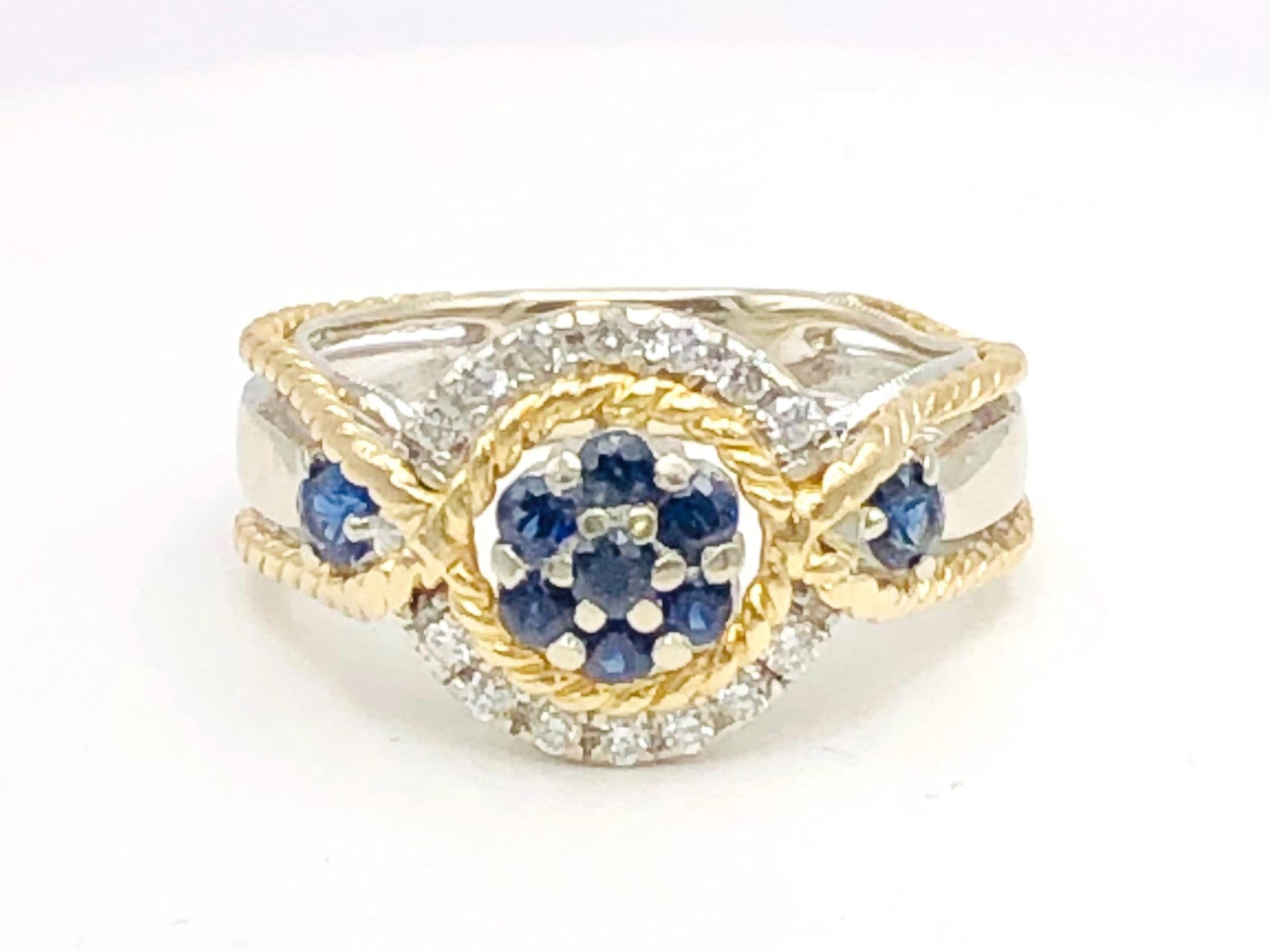 Vintage 18k Two-Tone Gold Sapphire Diamond Ring: September Birthstone, Size 7