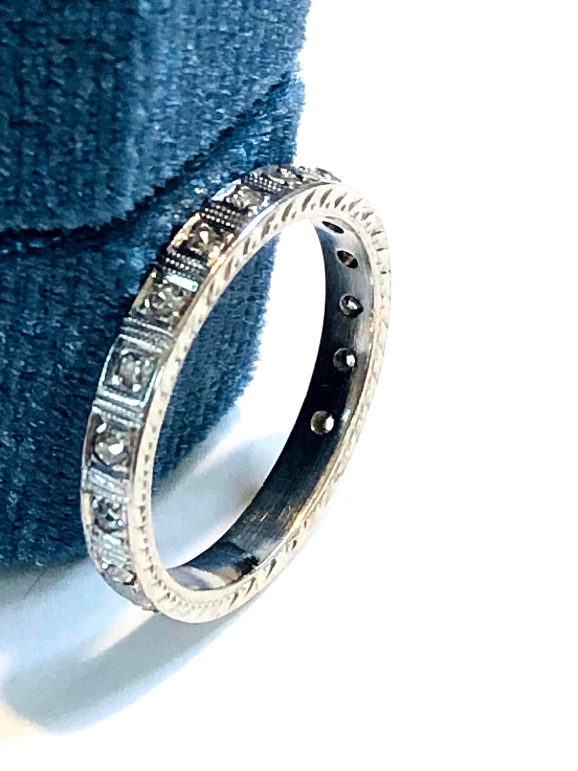 Art Deco Diamond Eternity Band - Platinum Engraved Wedding Ring, 1930s Size 5.25