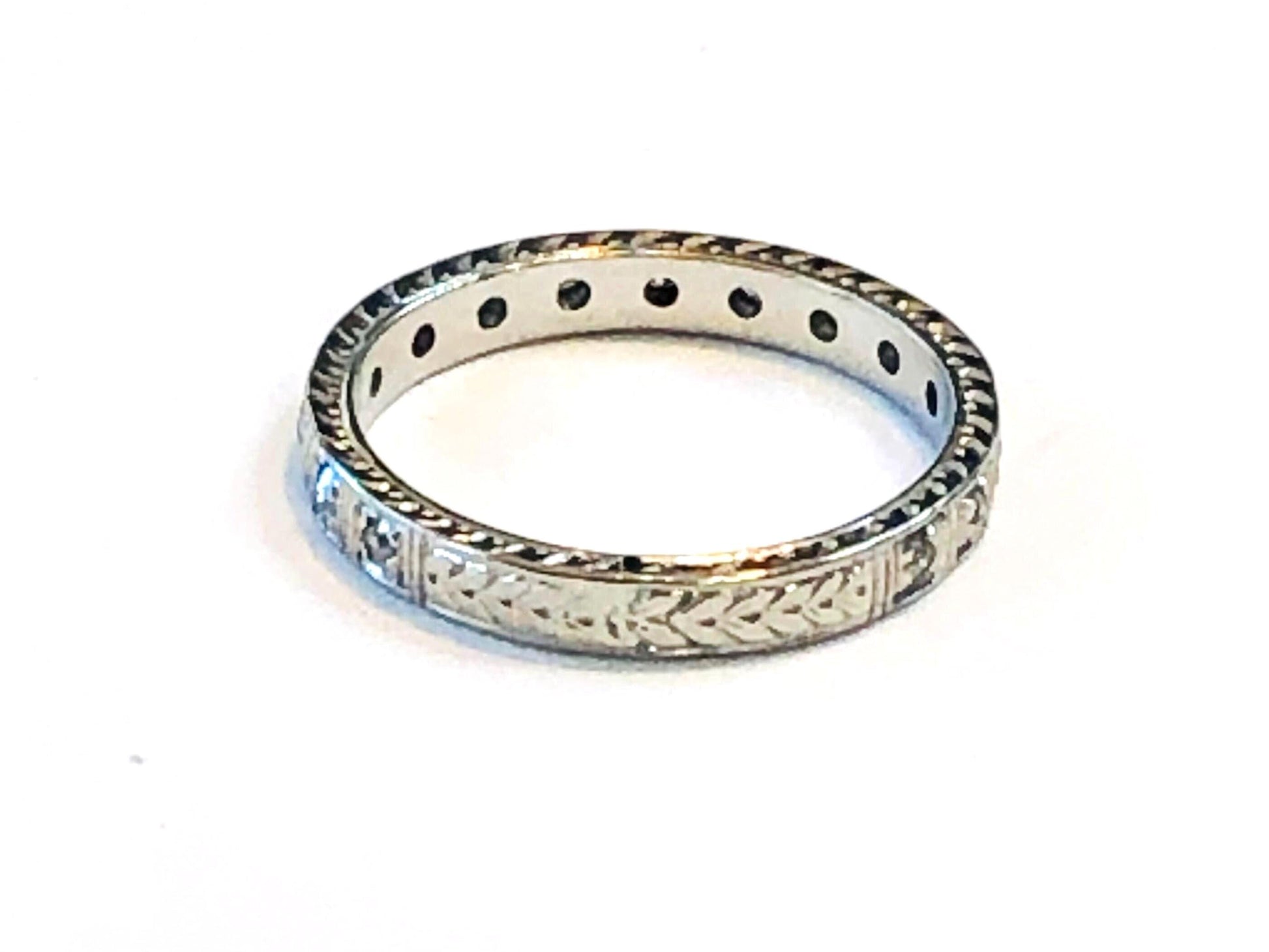Art Deco Diamond Eternity Band - Platinum Engraved Wedding Ring, 1930s Size 5.25