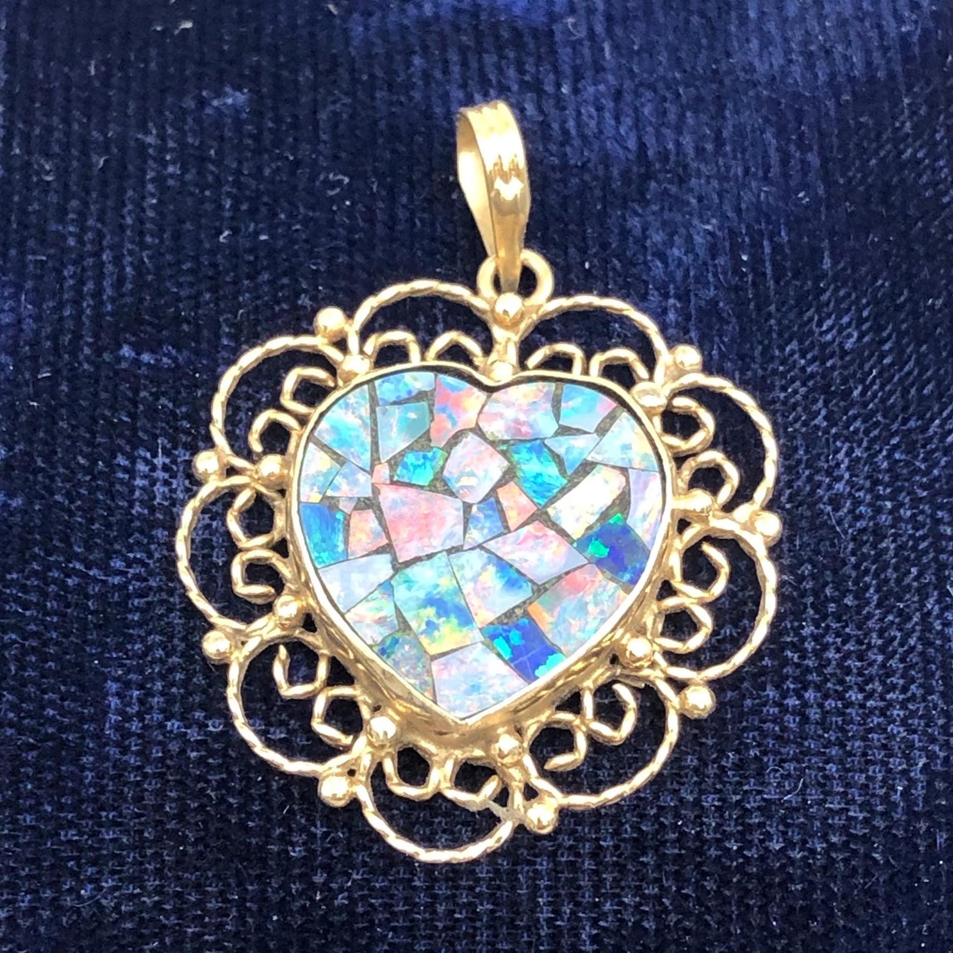 Vintage 14k Gold Mosaic Opal Heart Pendant, October Birthstone, Genuine Opal Doublet Pendant