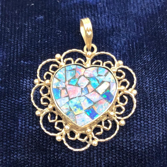 Vintage 14k Gold Mosaic Opal Heart Pendant, October Birthstone, Genuine Opal Doublet Pendant