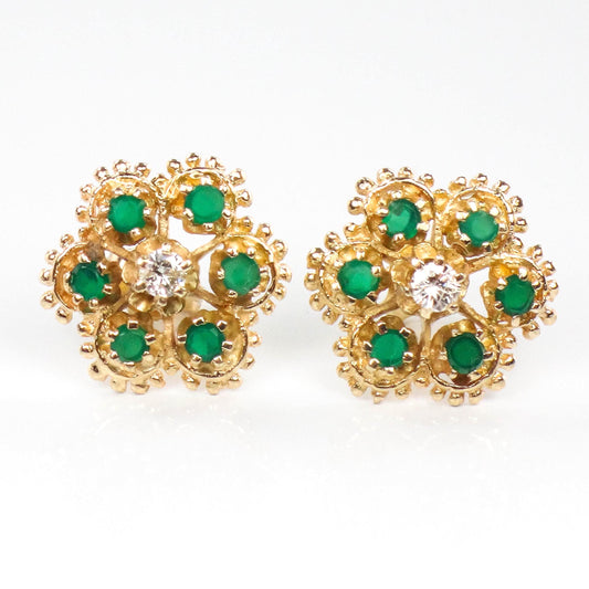 Vintage 14k Yellow Gold Natural Emerald and Diamond Floral Stud Earrings - Post Back Emerald Cluster Earrings - Green May Birthstone Studs