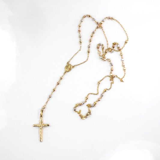 Vintage 14k Tri-Color Gold Rosary Necklace with Crucifix - 25"