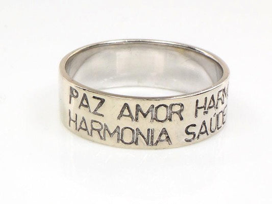 Vintage 14k White Gold Portugese Wedding Band Engraved "Paz Amour Harmonia Saude Sucesso" 6 mm Size 8.25