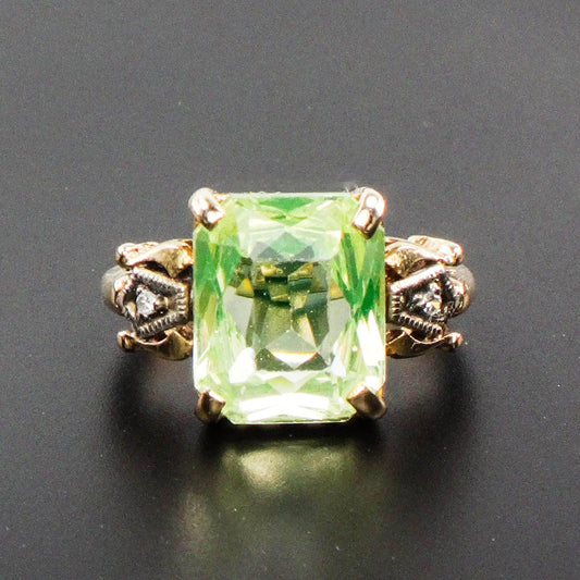 Vintage 14k Gold Green Spinel and Diamond Ring, Green Rectangle Cut August Birthstone Ring, Size 6
