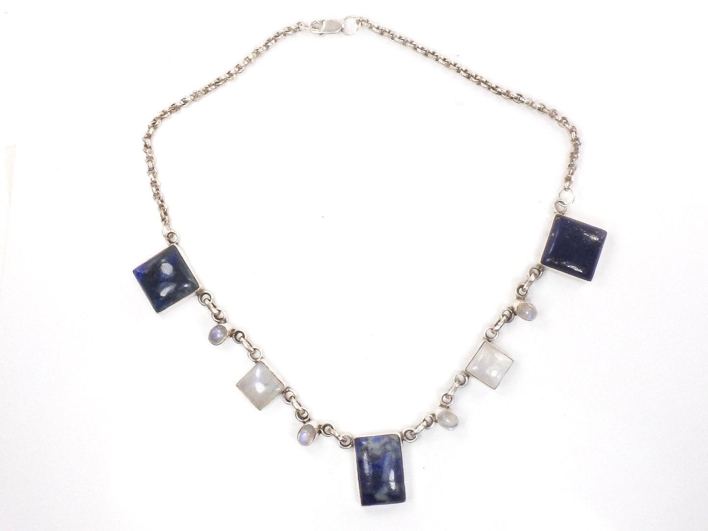 Vintage Sterling Silver Sodalite Lapis Necklace: Chunky Quartz Moonstone