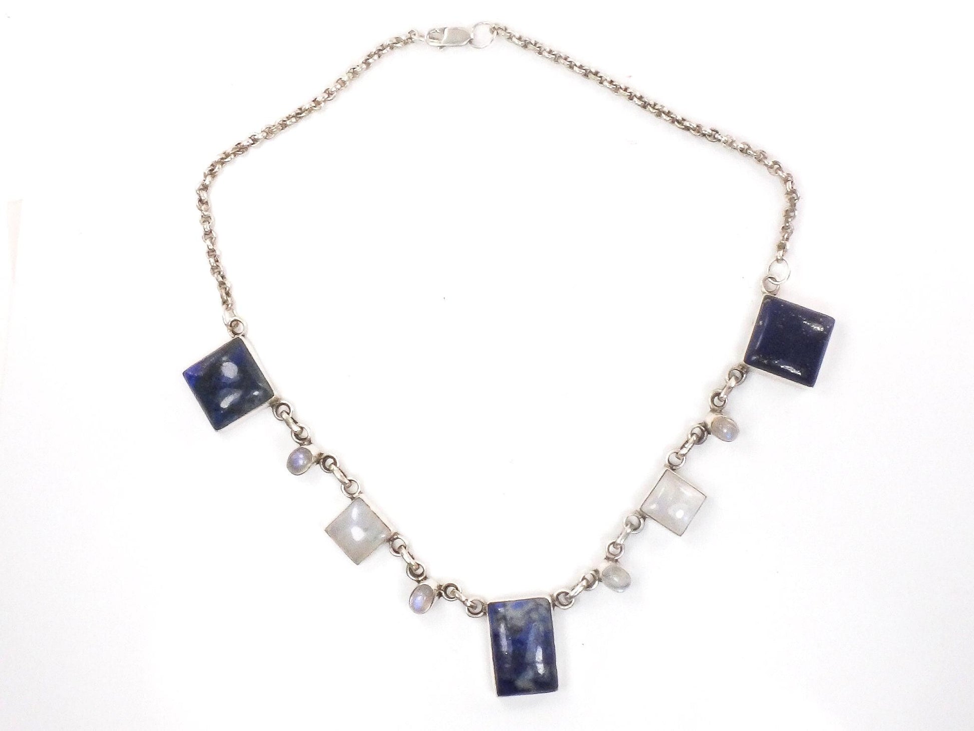 Vintage Sterling Silver Sodalite Lapis Necklace: Chunky Quartz Moonstone