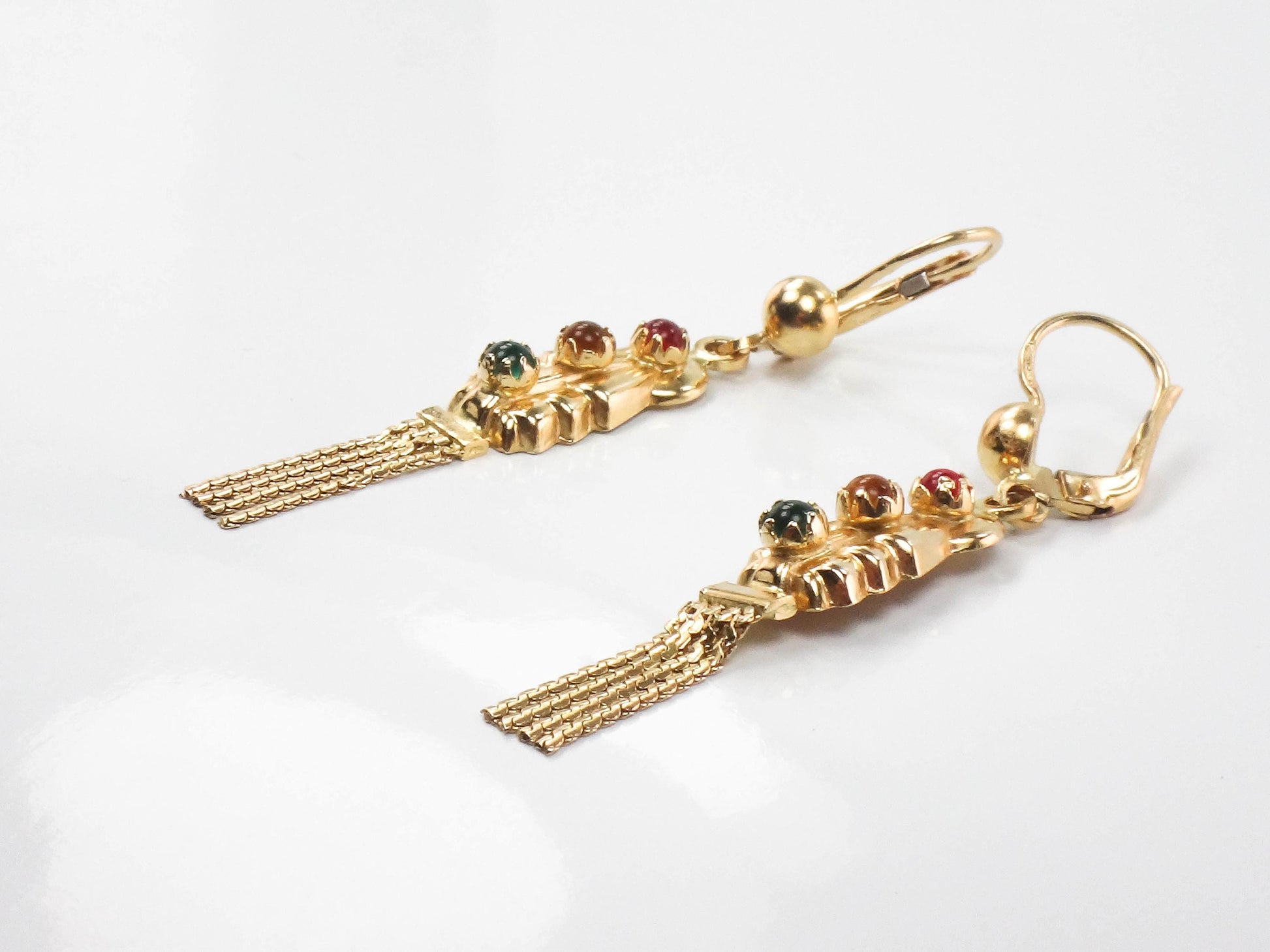 Fringe Dangle Earrings - Vintage 14k Yellow Gold Boho Style Multi-Color Glass Earrings with Lever Backs