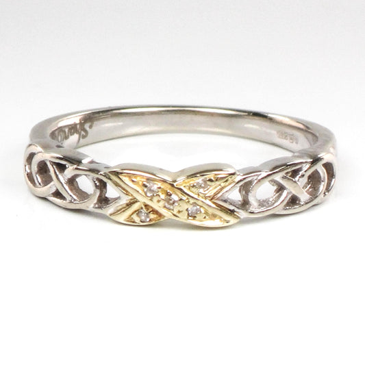 Two Tone Gold Diamond Wedding Band - Vintage Solid 14k Thin Irish Celtic Design Ring Size 7 - Fine Jewelry
