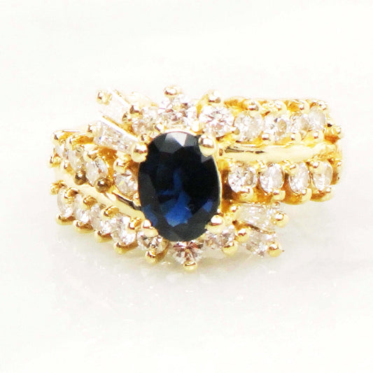 Natural Blue Sapphire and Diamond Ring - Vintage 14k Yellow Gold Oval Blue September Birthstone - Size 5.5 - Circa 1990's