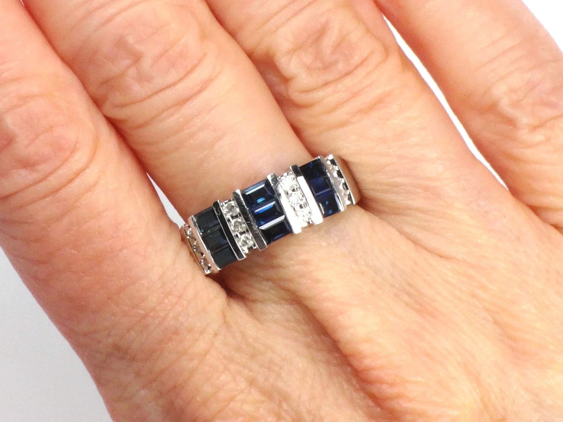 Vintage 14k White Gold Sapphire Diamond Ring: September Birthstone Wedding Band, Size 7.25