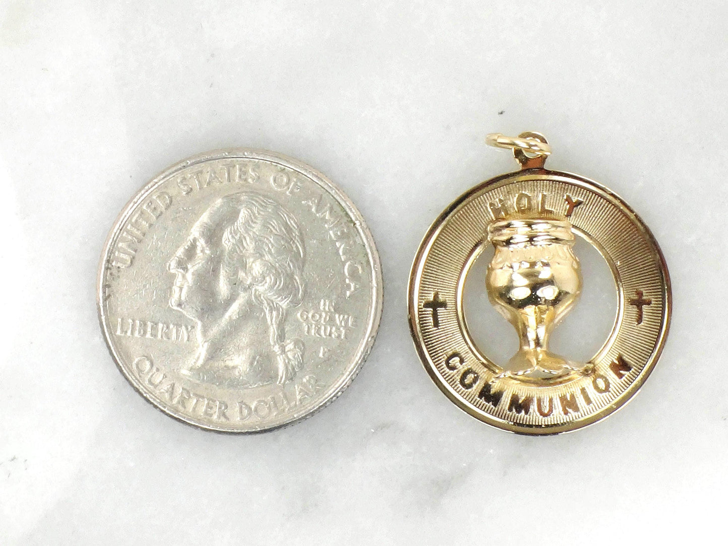 Holy Communion Charm or Pendant - Vintage Solid 14k Yellow Gold Round Christian Medal - Circa 1970's