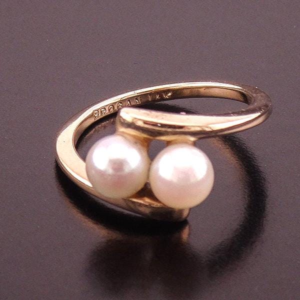 14k Double Pearl Ring - Vintage Yellow Gold Toi et Moi Ring - June Birthstone - Size 6 - Fine Jewelry