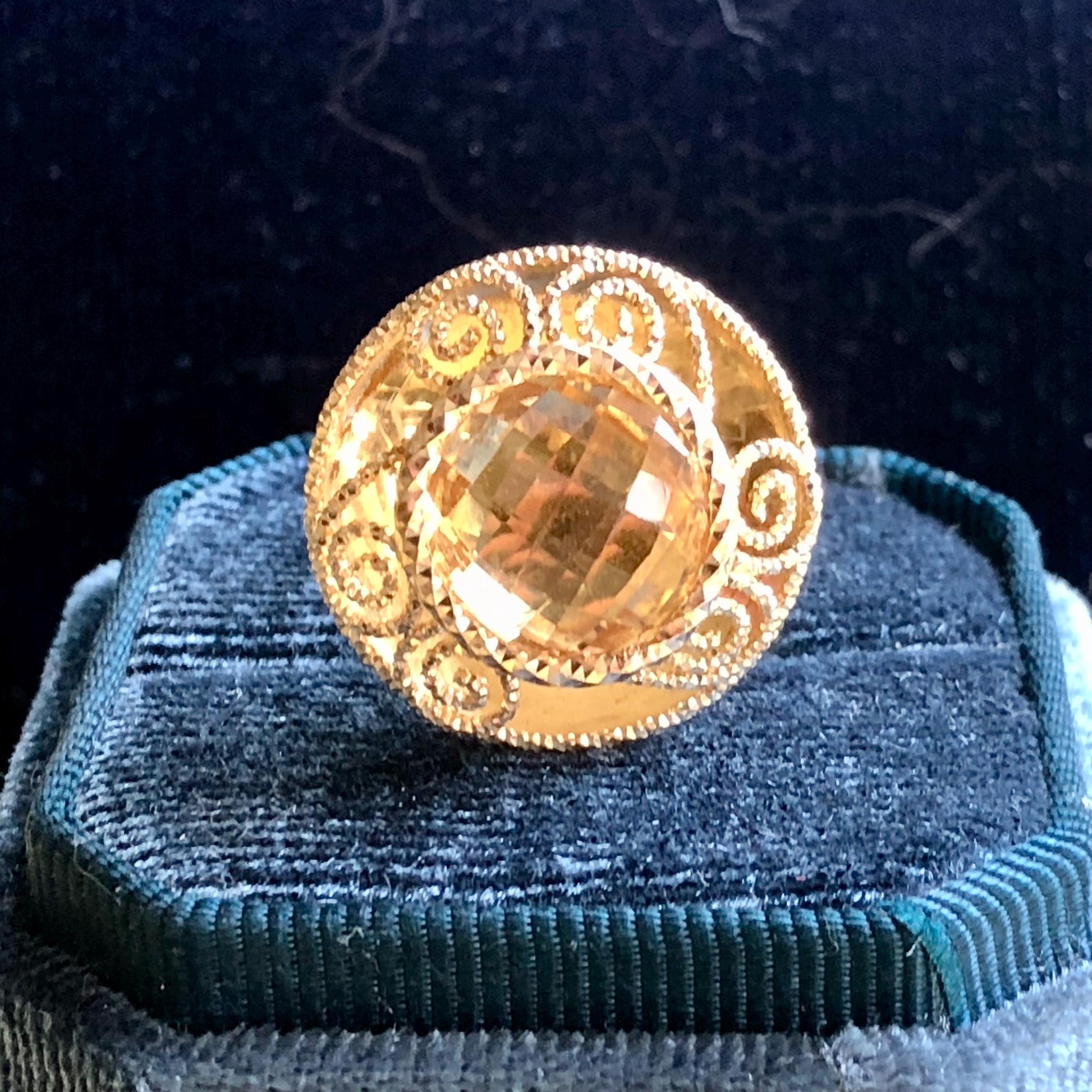 Vintage 14k Yellow Gold Citrine Ring: Checkerboard Cocktail Ring, Size 7.25