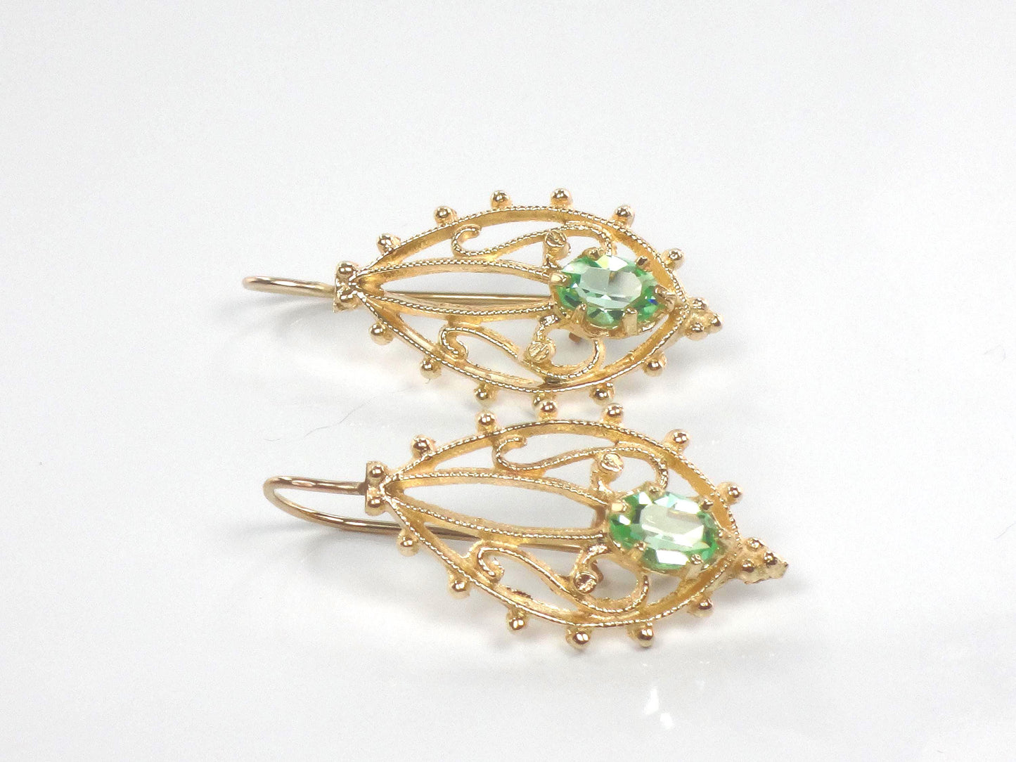 14k Green Stone Dangle Earrings - Vintage Airy Yellow Gold Filigree Style with Locking Wires - Circa 1990's