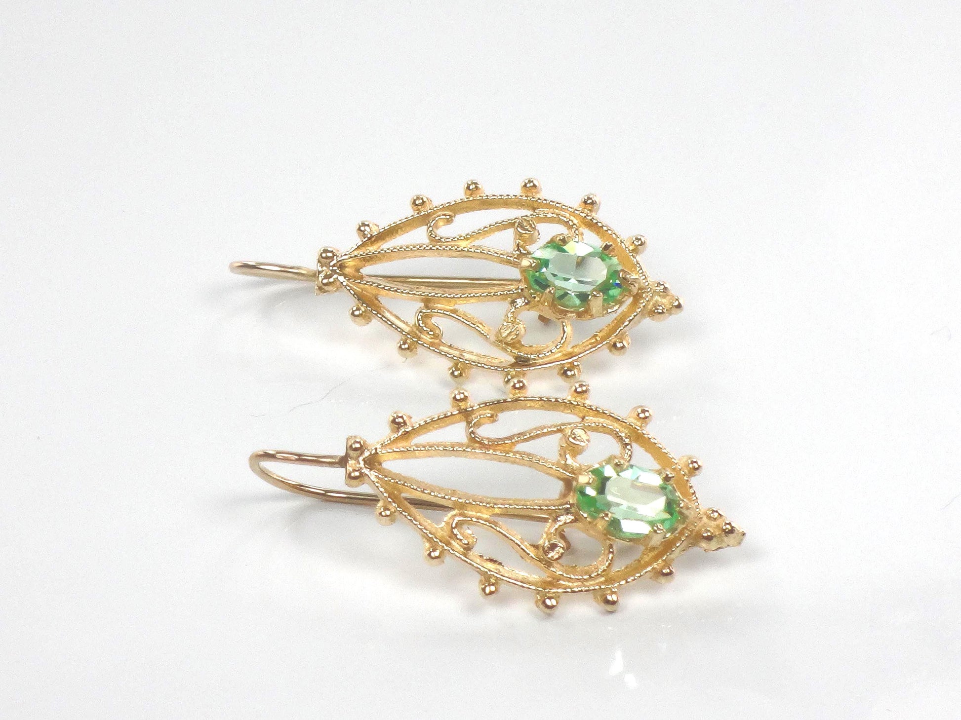 14k Green Stone Dangle Earrings - Vintage Airy Yellow Gold Filigree Style with Locking Wires - Circa 1990's
