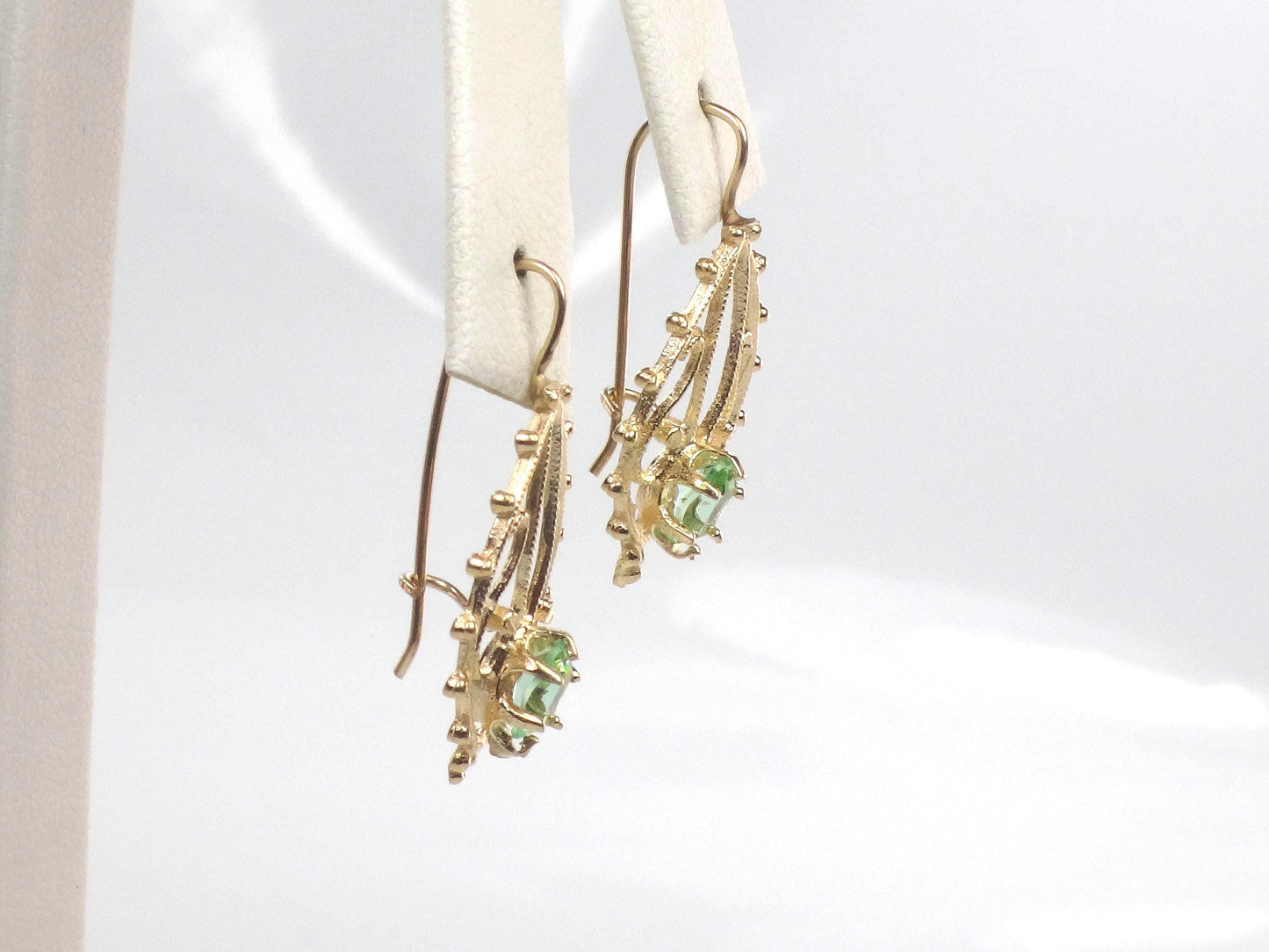 14k Green Stone Dangle Earrings - Vintage Airy Yellow Gold Filigree Style with Locking Wires - Circa 1990's