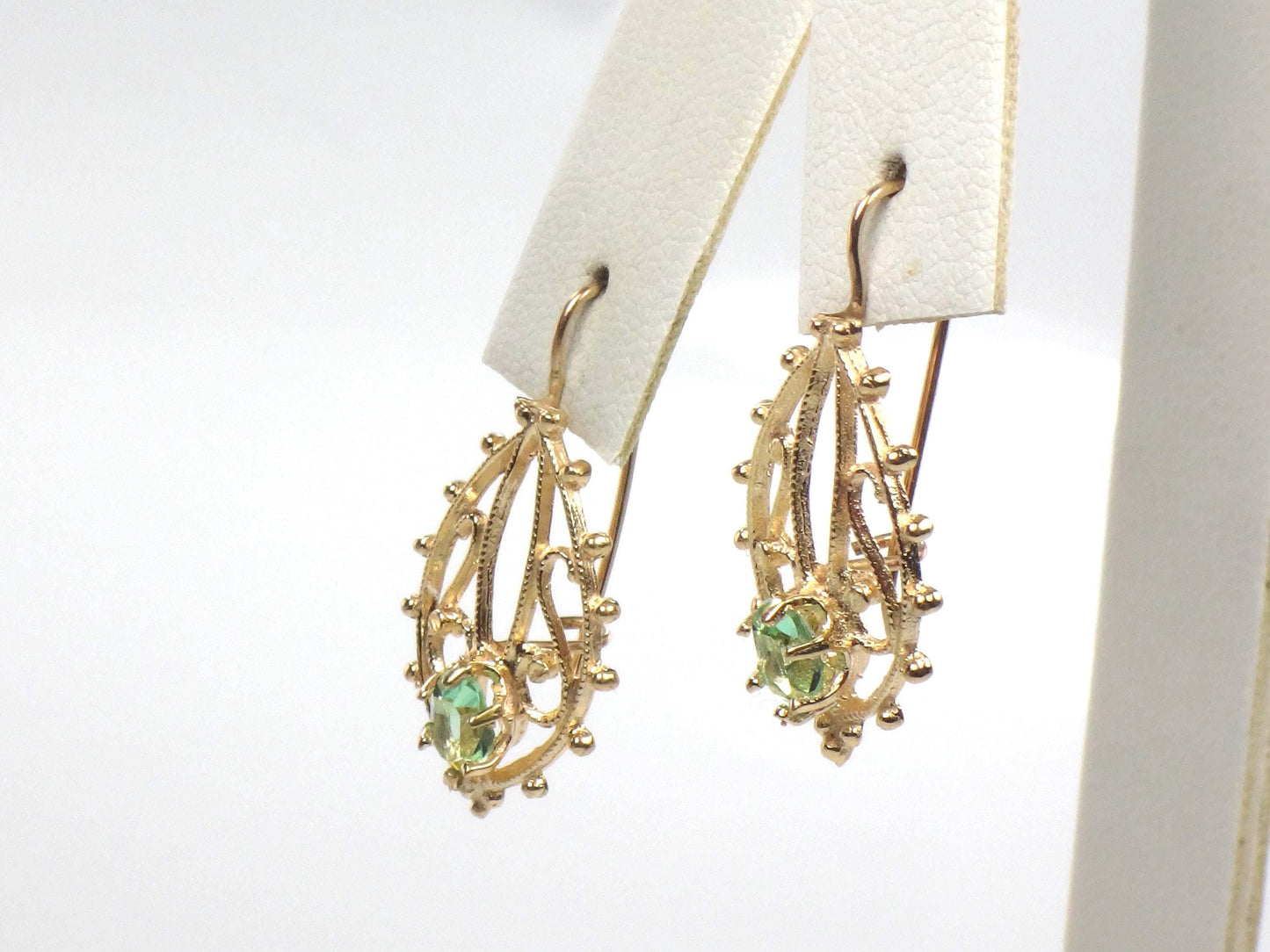 14k Green Stone Dangle Earrings - Vintage Airy Yellow Gold Filigree Style with Locking Wires - Circa 1990's