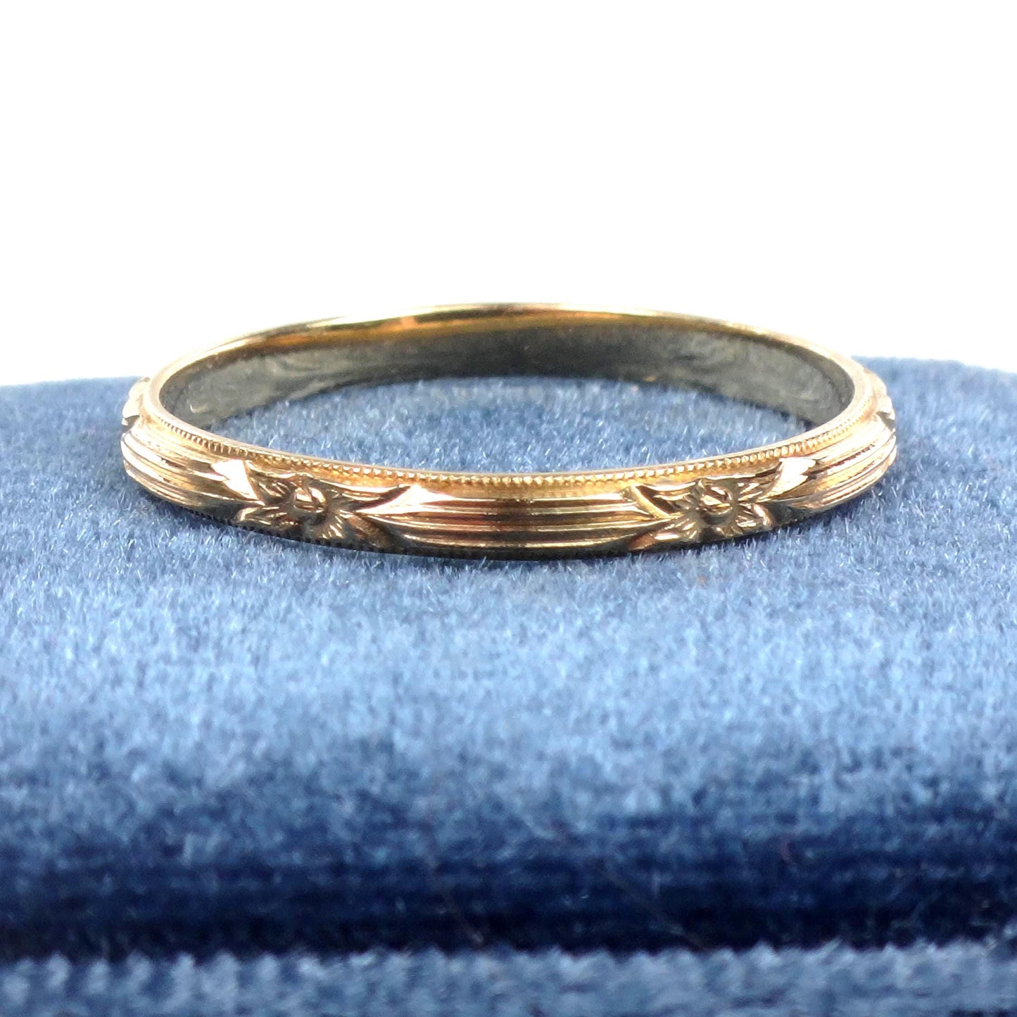 Thin 14k Floral Wedding Band - Art Deco Yellow Gold Orange Blossom Engraved Ring - Vintage Stacking Style - Size 7.5 - Circa 1940