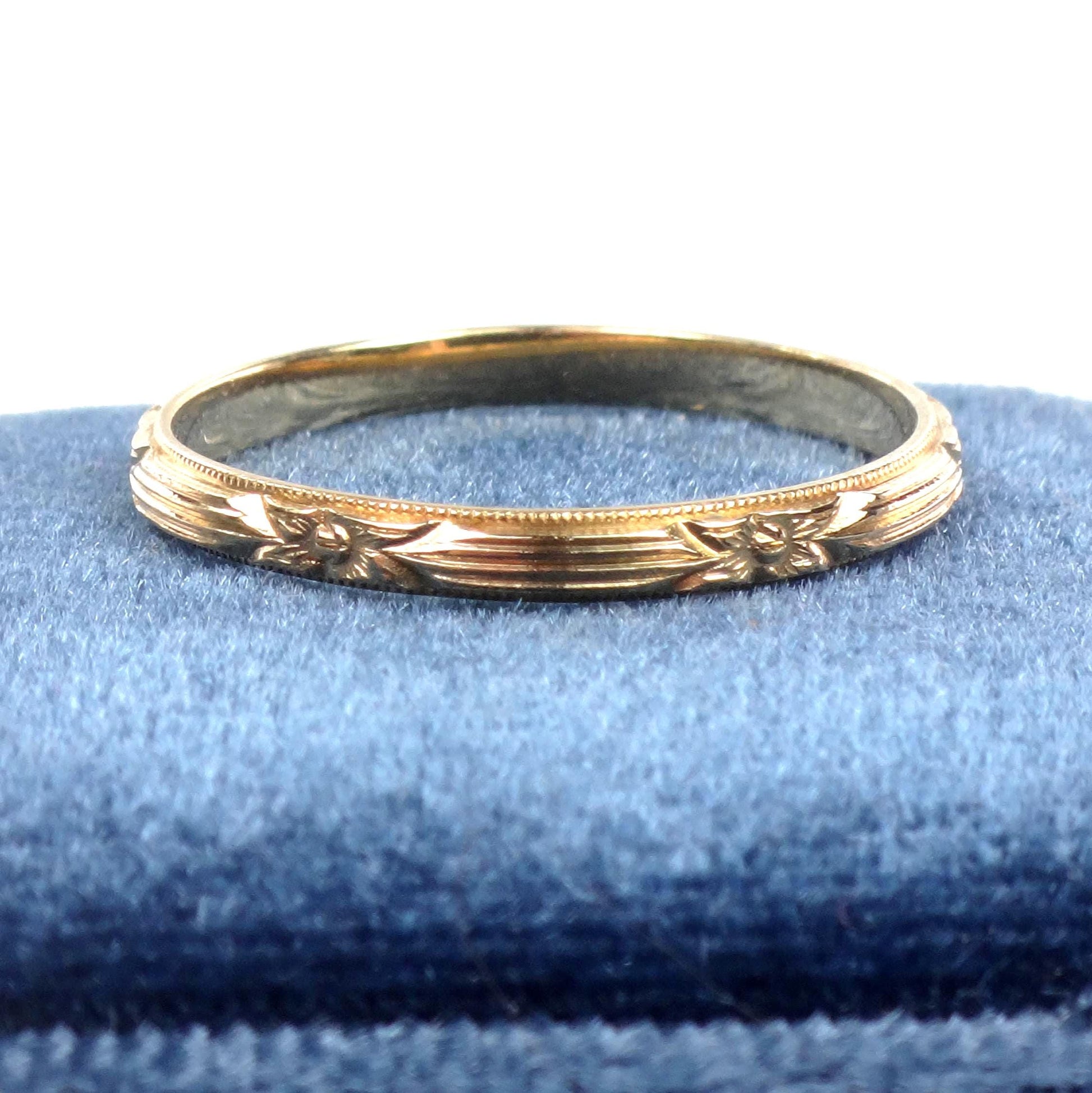 Thin 14k Floral Wedding Band - Art Deco Yellow Gold Orange Blossom Engraved Ring - Vintage Stacking Style - Size 7.5 - Circa 1940