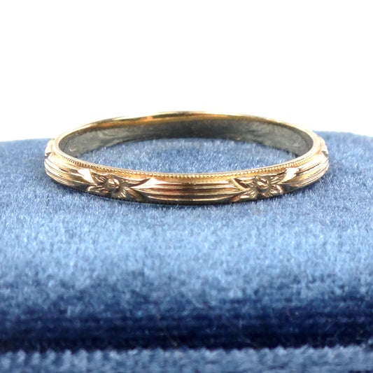 Thin 14k Floral Wedding Band - Art Deco Yellow Gold Orange Blossom Engraved Ring - Vintage Stacking Style - Size 7.5 - Circa 1940