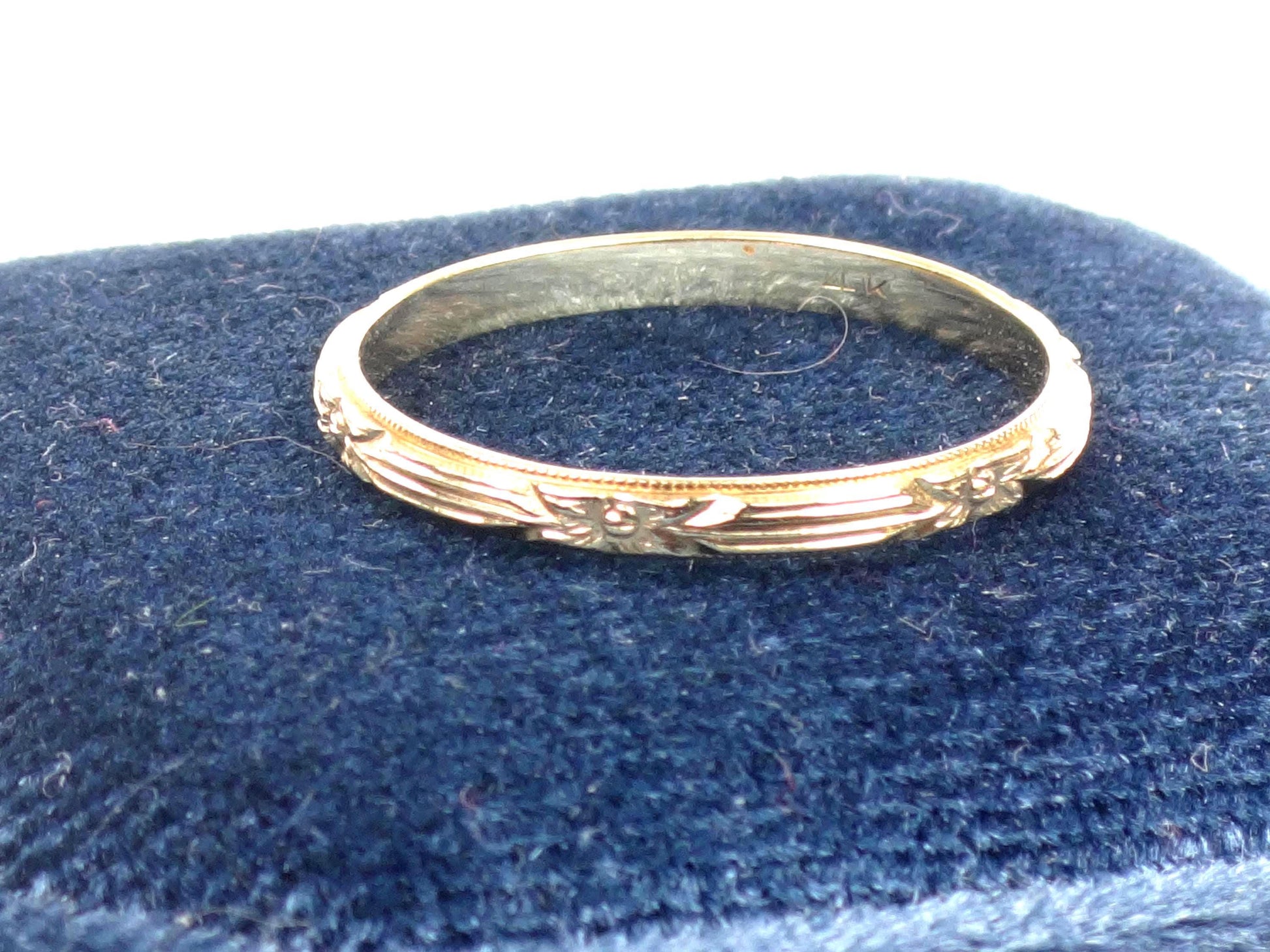Thin 14k Floral Wedding Band - Art Deco Yellow Gold Orange Blossom Engraved Ring - Vintage Stacking Style - Size 7.5 - Circa 1940