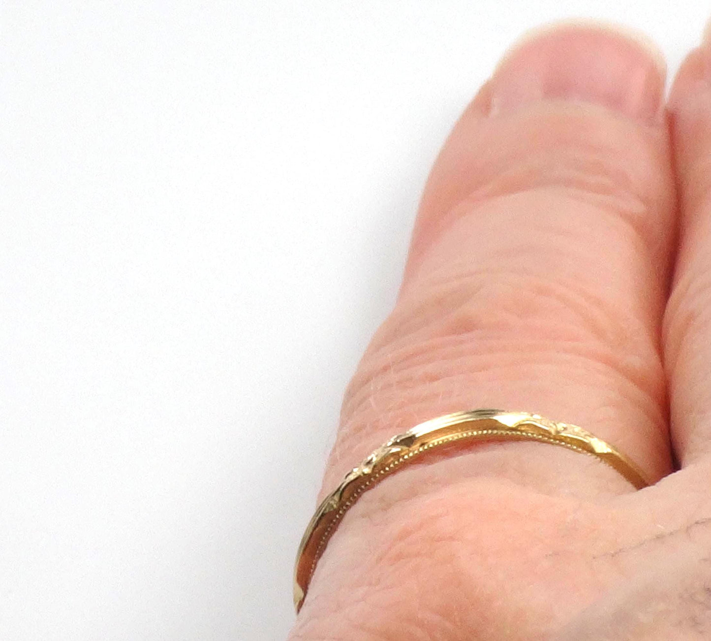 Thin 14k Floral Wedding Band - Art Deco Yellow Gold Orange Blossom Engraved Ring - Vintage Stacking Style - Size 7.5 - Circa 1940