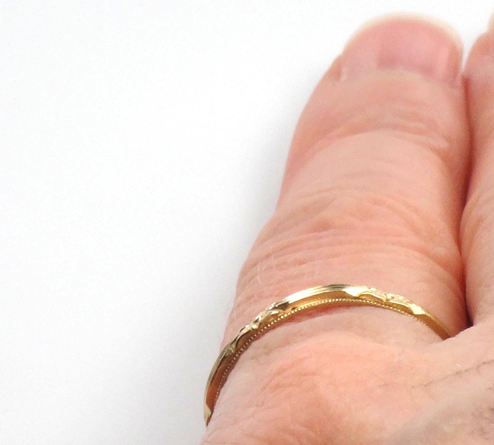 Thin 14k Floral Wedding Band - Art Deco Yellow Gold Orange Blossom Engraved Ring - Vintage Stacking Style - Size 7.5 - Circa 1940