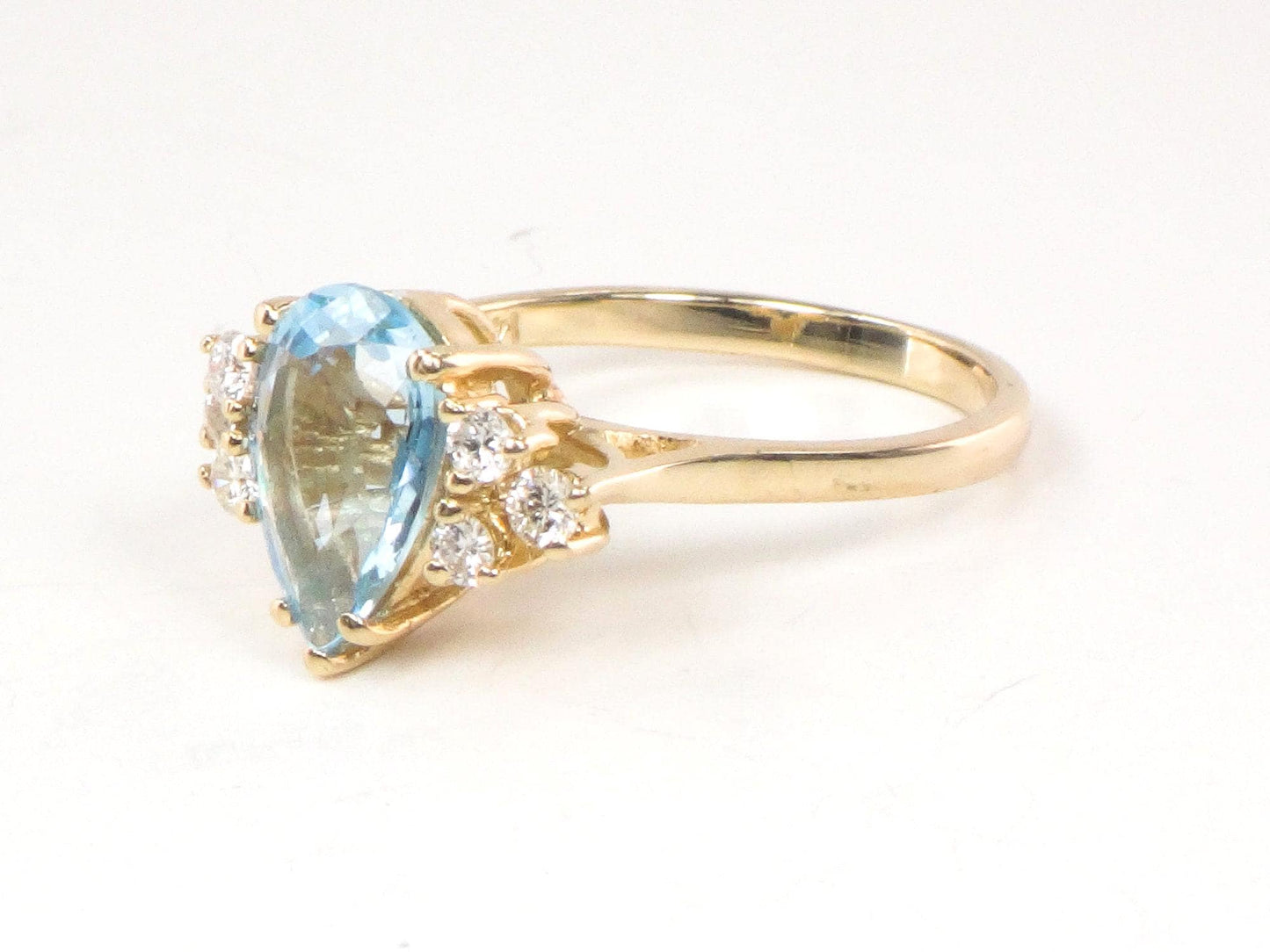 Vintage Pear Cut Blue Topaz Diamond Ring - 14k Yellow Gold December Birthstone, Size 7.75