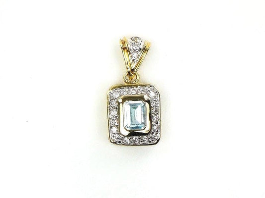 14k Light Blue Topaz and CZ Pendant - Vintage Yellow Gold Rectangle Cut March Birthstone - Fine Jewelry