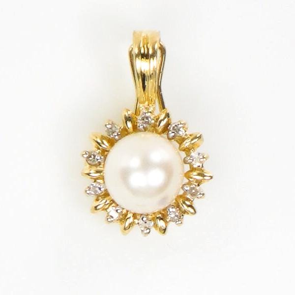 14k Yellow Gold White Cultured Pearl and Diamond Pendant - Bridal Jewelry - Vintage Small Enhancer Pendant for Pearls or Beads