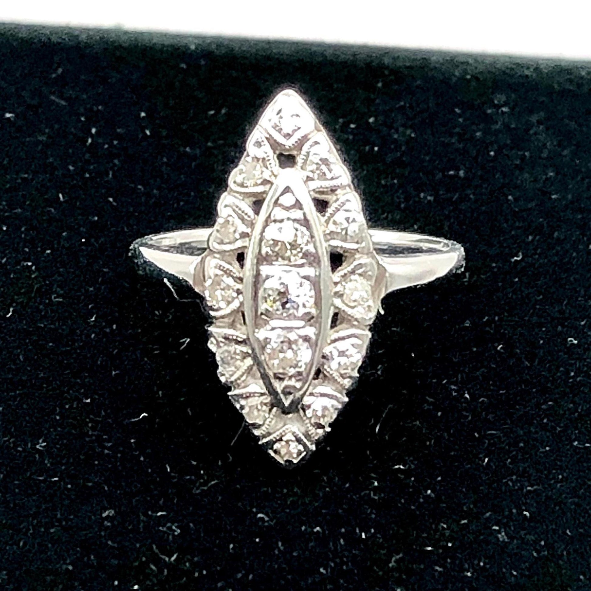 Vintage 14k White Gold Diamond Navette Cluster Ring, 1/4 CT TDW Princess Ring, Size 5.5 - Circa 1960's