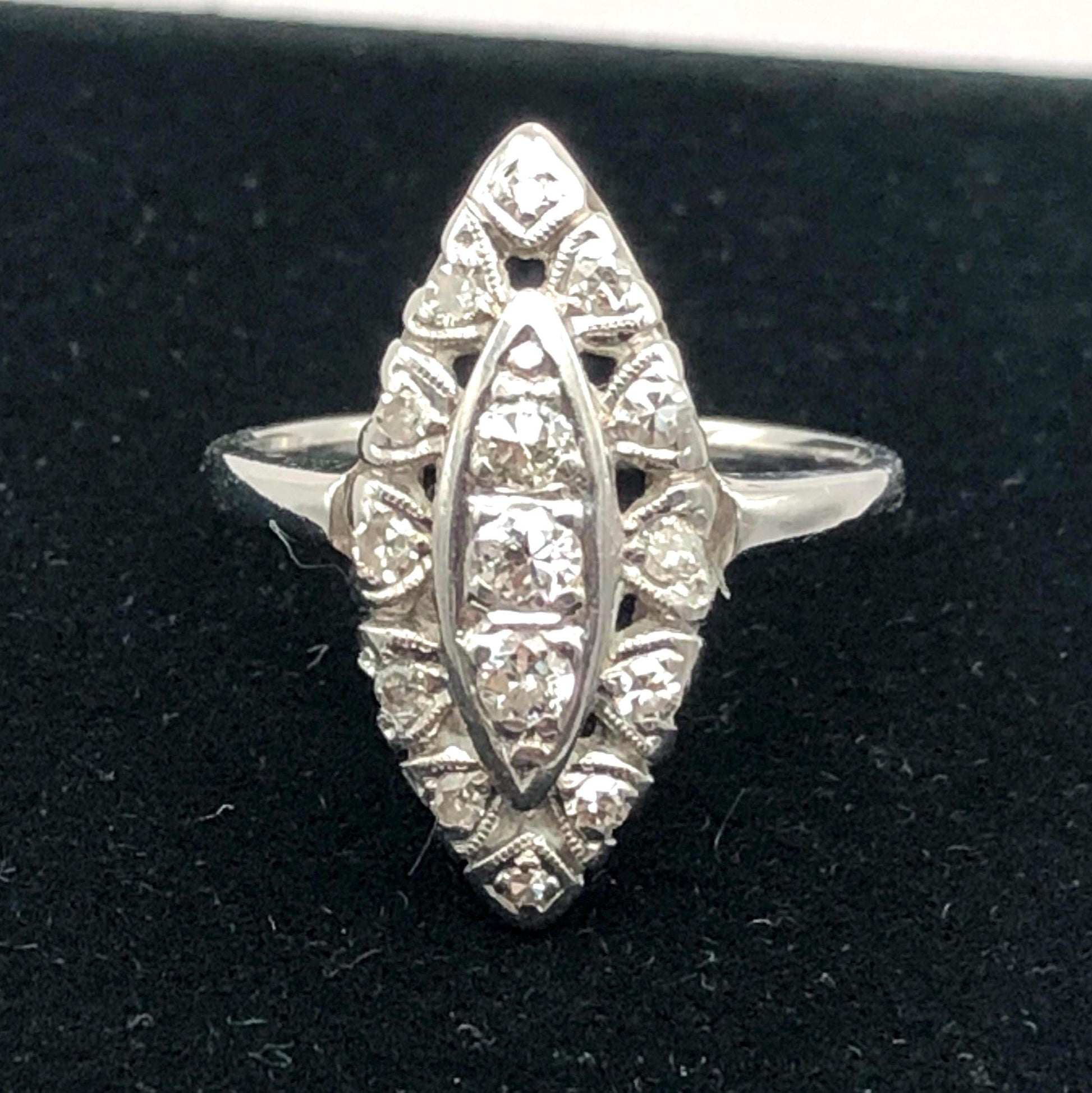 Vintage 14k White Gold Diamond Navette Cluster Ring, 1/4 CT TDW Princess Ring, Size 5.5 - Circa 1960's